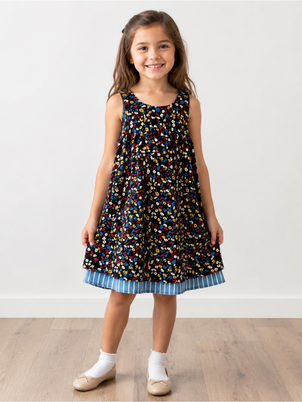 FITH Works Japanese Boutique Girls Floral Dress Striped Trim | Size 120 US 5/6